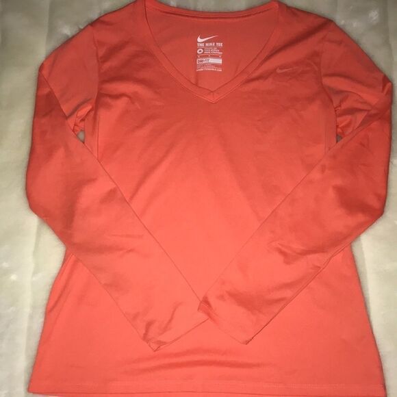 The Nike Tee Women's Dri-fit Active Long Sleeve V-neck Orange Shirt Size M - Picture 1 of 6